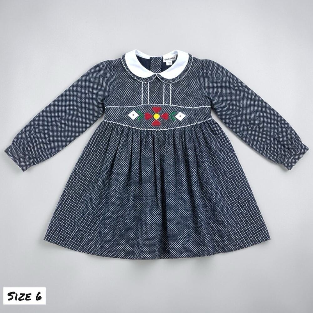 Alyssa Girls Smocked‎ Dress Size 6 Black White Polka Dot Peter Pan Collar Floral